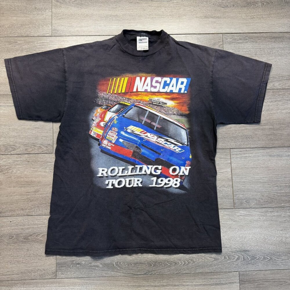Vintage Nascar Rolling On Tour 1998 T Shirt XL Black Graphic 2 Sided READ